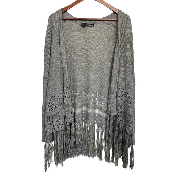 360 Sweater 360 Cashmere Women's Gray Open Knit Fringe 100% Linen Cardigan Small - Picture 1 of 6